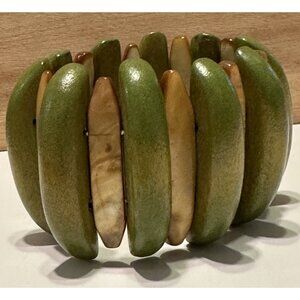 VTG Boho Wood Lucite Stretch Bracelet  Cuff Statement